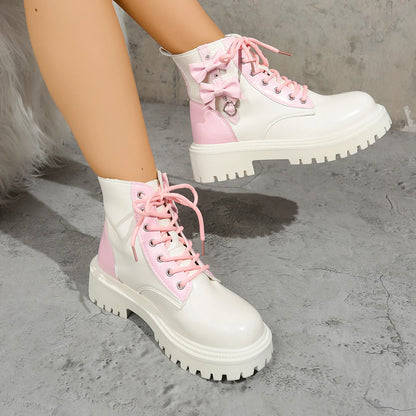 Sweet Pink Bowknot Mix Color Ankle Thick Bottom Lace Up Boots