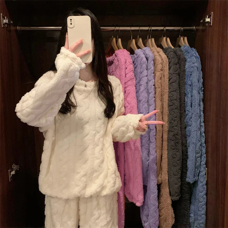 Coral Velvet Jacquard Warm Loungewear Soft Comfortable Thickened Sleepwear Set