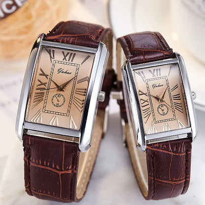 Couple Luxury Rectangle Dial Quartz Leather Band Casual Wristwatch