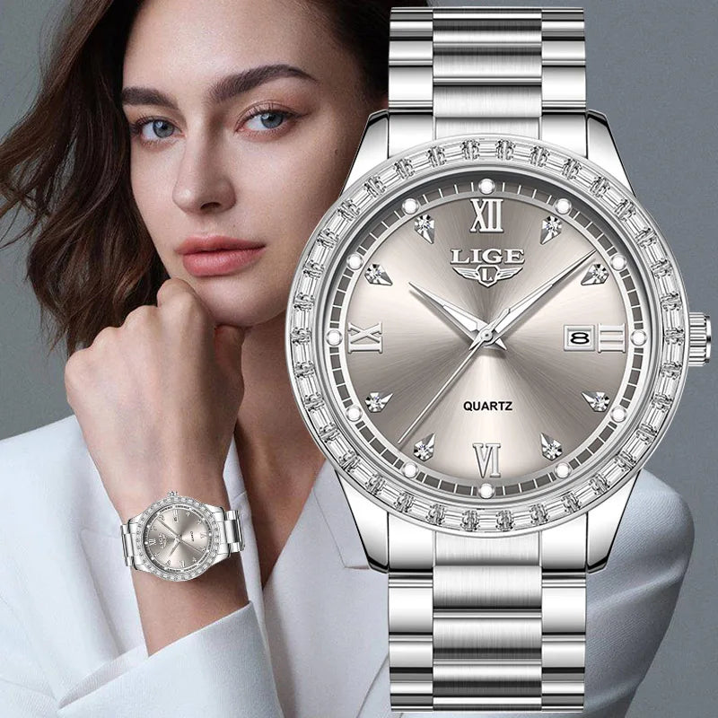 Elegant luminous stainless steel quartz watch