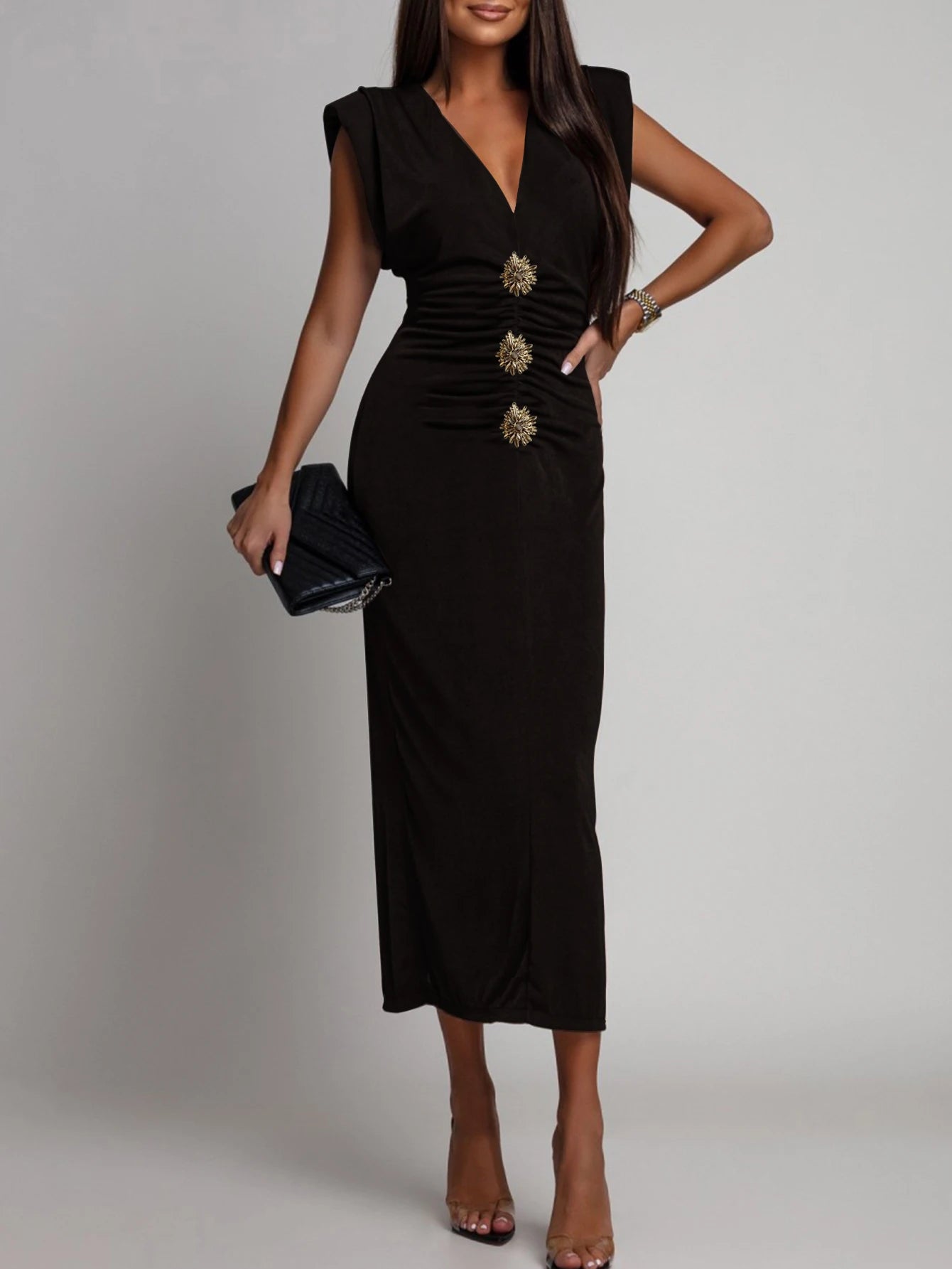 Solid Sleeveless Skinny Evening Midi Long Dress