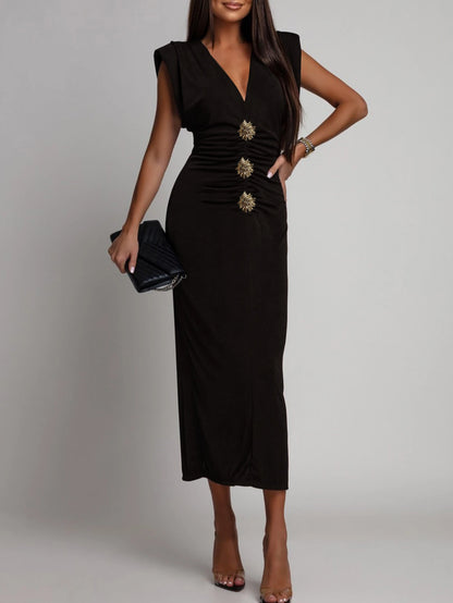 Solid Sleeveless Skinny Evening Midi Long Dress