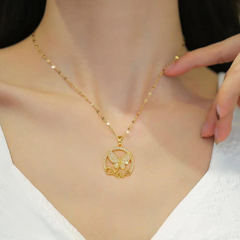 Heart Butterfly Stainless Steel Pendant Necklaces Jewelry