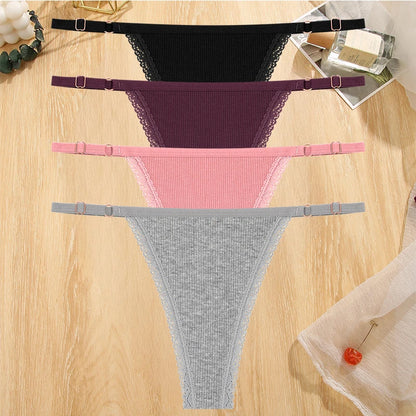 4Pc G-String Cotton Lace Thongs Lingerie Low Rise Straps Hipster
