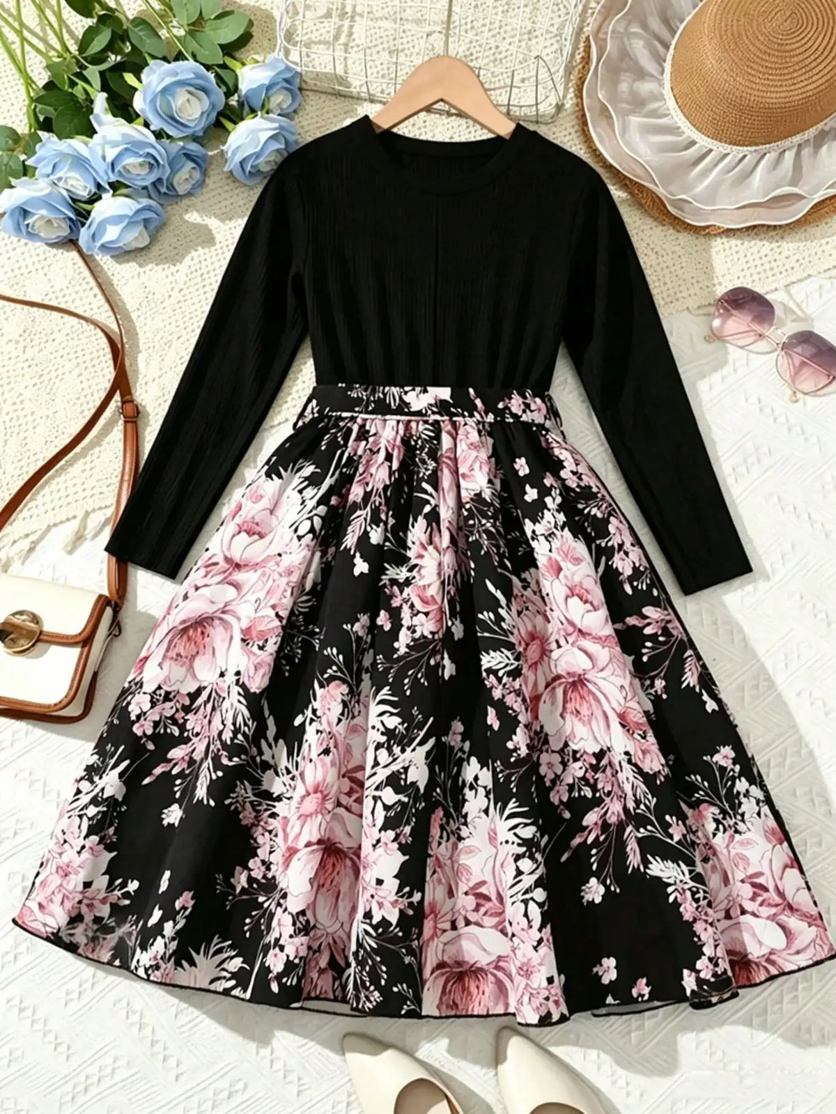 Round Neck Long Sleeve Waist Cinched Floral Print mid Dress