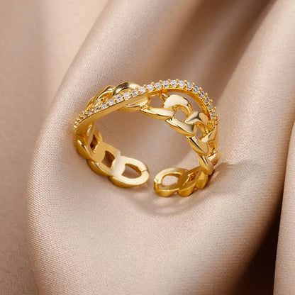 Chain Hollow Out Gold Stainless Steel Zircon Cross Ring