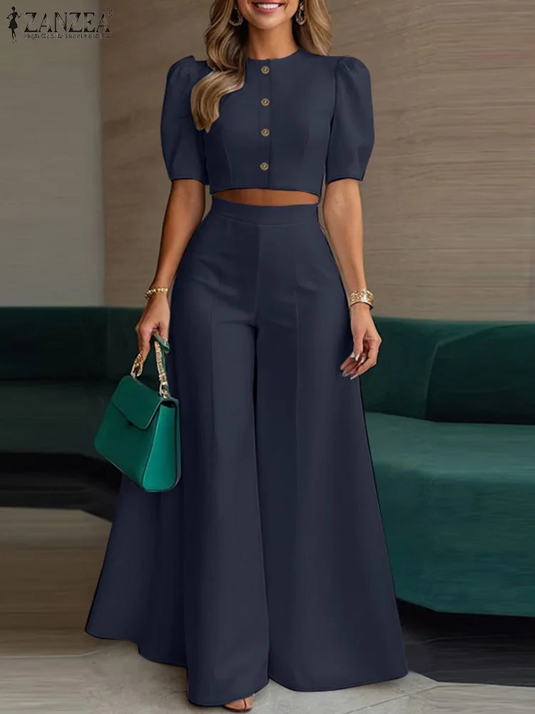 Conjunto de pantalón y pantalón de pierna ancha con manga corta abullonada