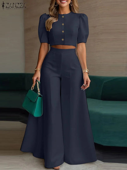 Conjunto de pantalón y pantalón de pierna ancha con manga corta abullonada