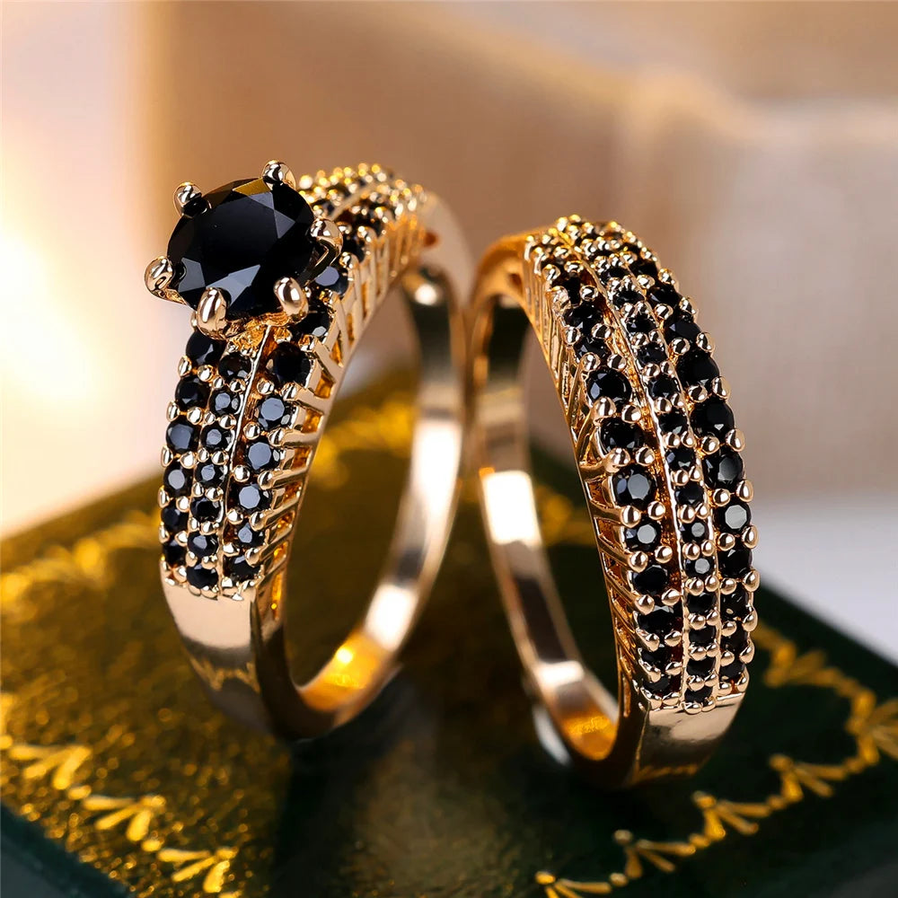 Crystal Purple Black Blue Zircon Round Stone Ring Set