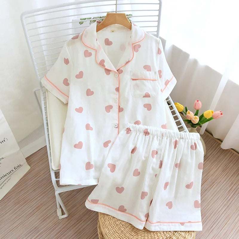 Japanese 100% Cotton Gauze Thin Short-sleeved Shorts Cute Cat Cartoon Pajama Set