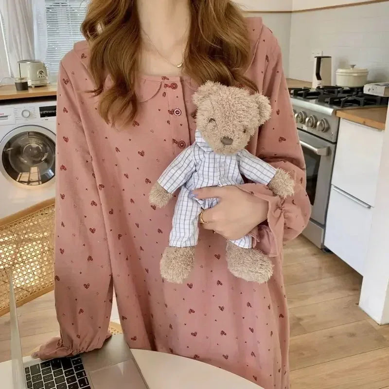 Heart Print Nightgown Sleepwear Night Dress