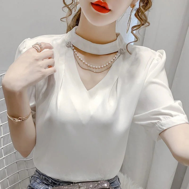Casual Puff Short Sleeve Pearl Shirt