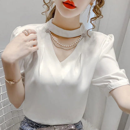 Casual Puff Short Sleeve Pearl Shirt