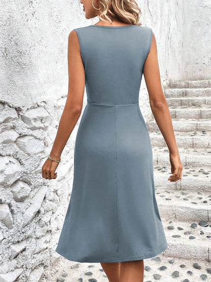 Elegant V Neck Wrap Waist Midi Sleeveless Dress