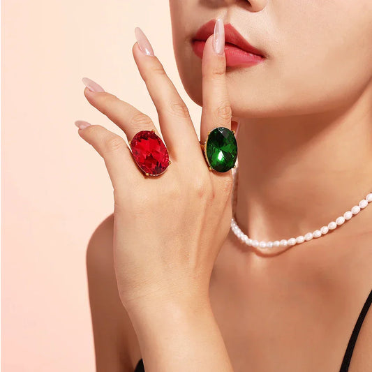 Big Oval Glass Stone Stainless Steel Rings