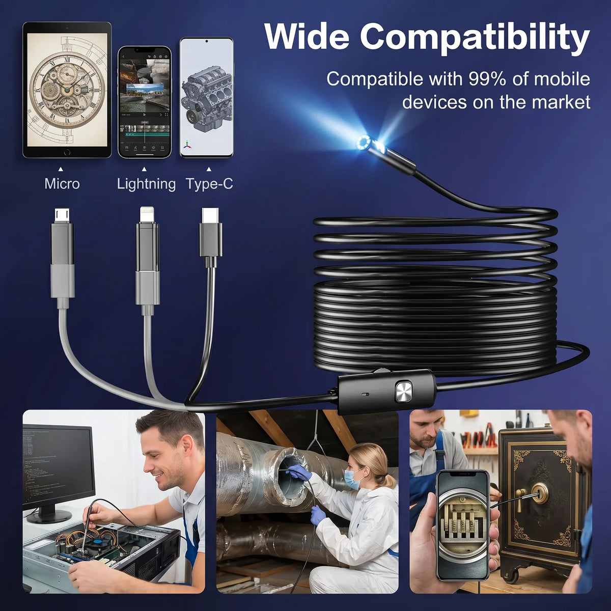 3-in-1 8mm Endoscope Camera HD Inspection Camera Type-C Mini Borescope