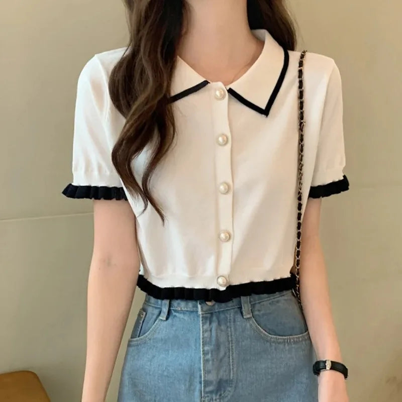 Korean Knitted Turn Down Collar Blouse