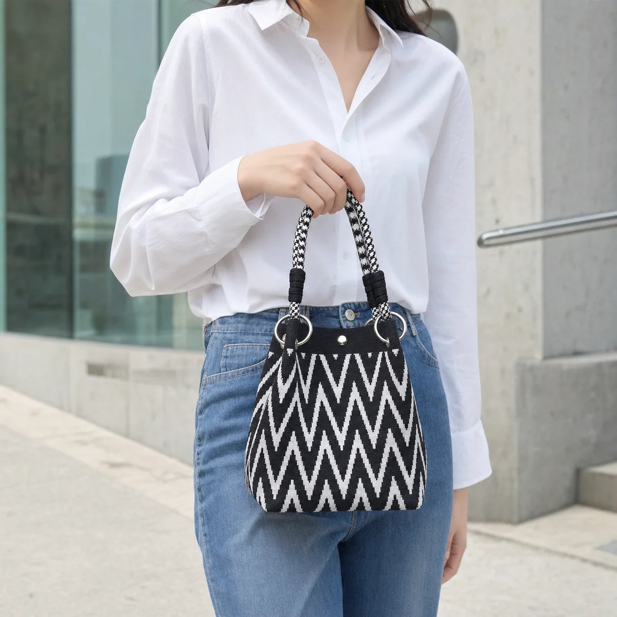 Geometric Mini Tote Black Ivory Graphic Ring Handle Korean Style Bags