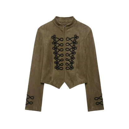 Faux Suede Stand Collar Handmade Knot Slimming Long Sleeve Short Jacket