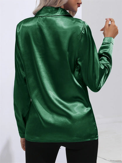 Elegant Turn-Down Collar Satin Long Sleeve Blouse