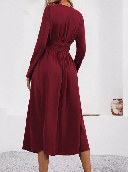 Elegant V-Neck Long Sleeve with Waist Shirring Bodycon Long Maxi Dress