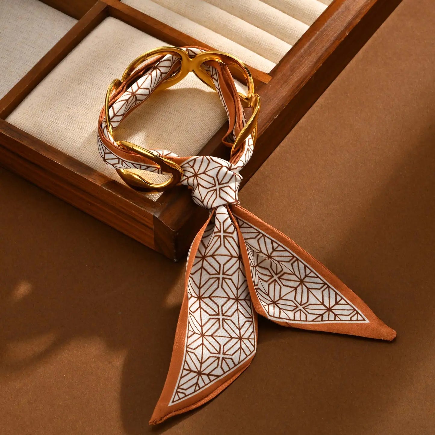Luxury Simulated Silk Printed Silk Scarf Cuff Stainless Steel Hollow Open Cuff Bracelets