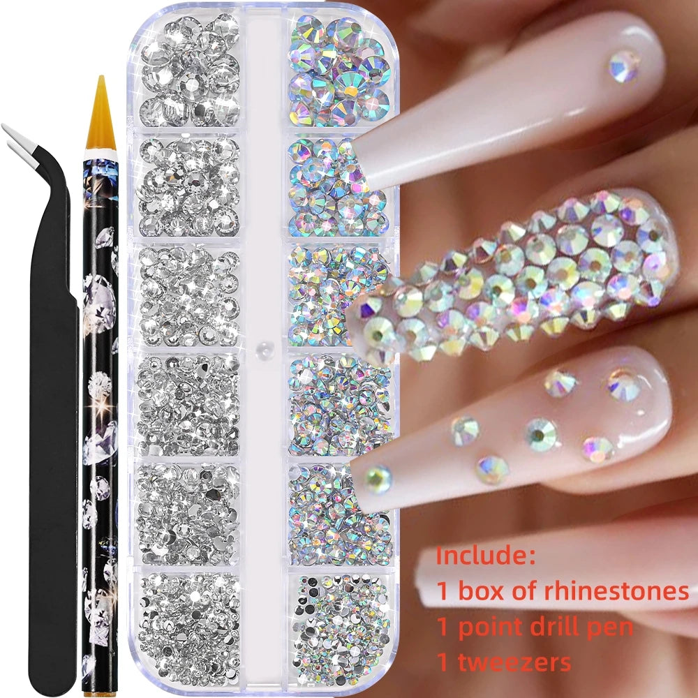12Gird 3D Glass AB Crystal Nail Art Rhinestones Kit