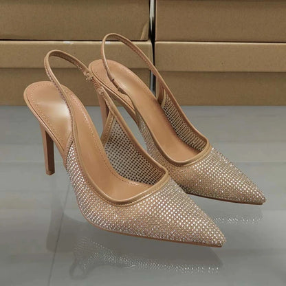 Luxury Pointed Toe Bright Rhinestone Mesh High Heeled Elegant Shoes