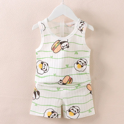 Cartoon Thin Style Sleeveless Baby Pajamas Set