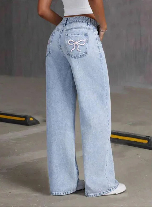 High Waist Distressed Pockets Wide Leg Jeans Pants
