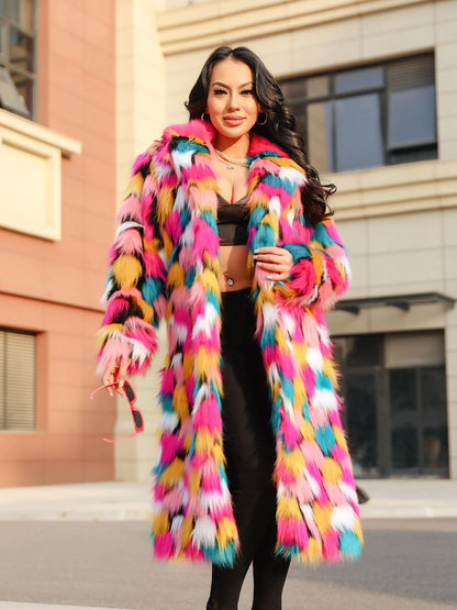 Elegant Faux Fur Rainbow Long Artificial Turf Coat