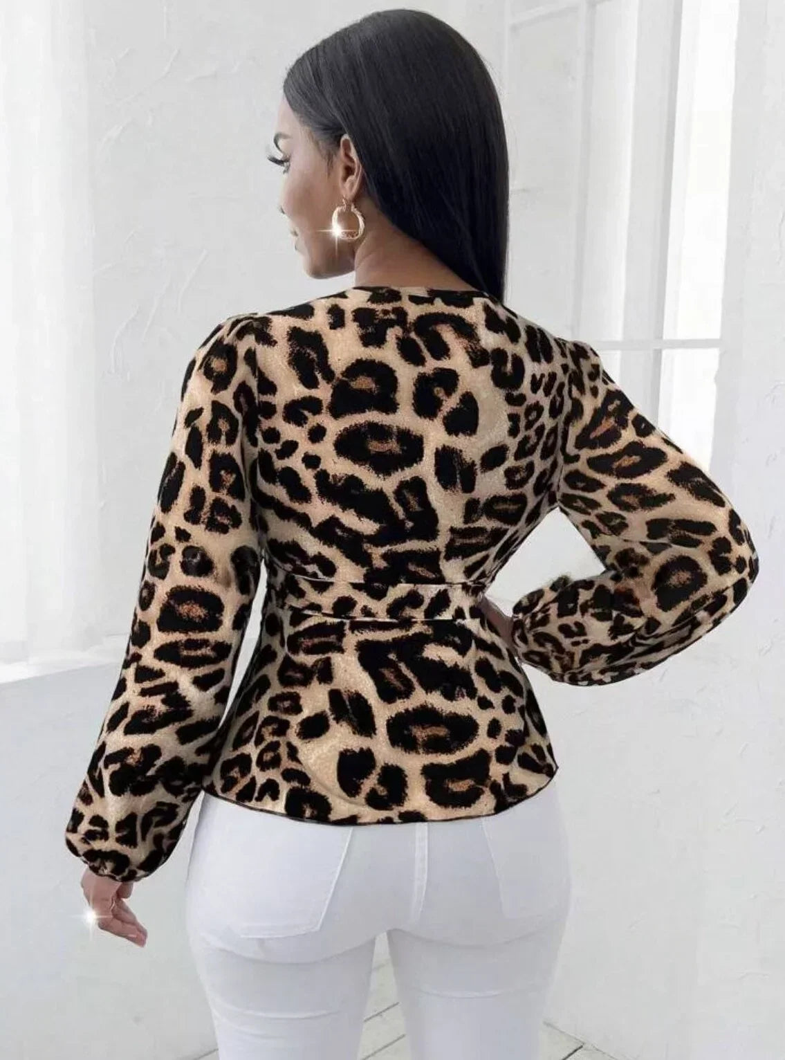 Leopard print lacing waist slim long-sleeve shirt