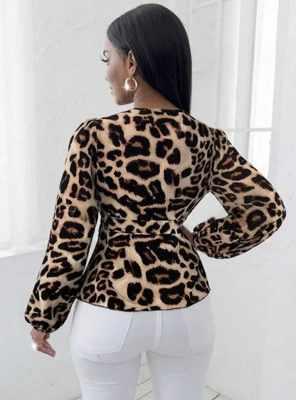 Leopard print lacing waist slim long-sleeve shirt