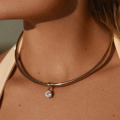 Stainless Steel Water Droplet Zircon Pendant Necklace