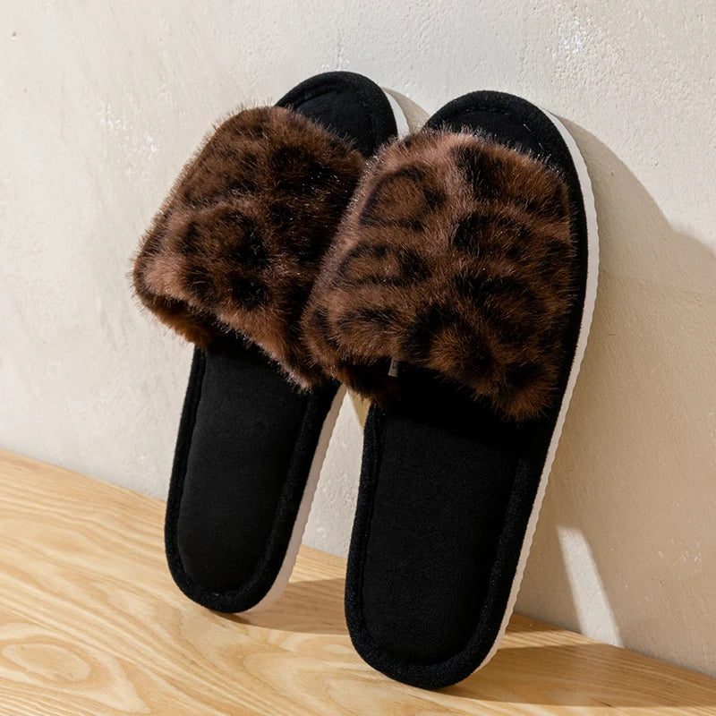 Leopard Print Plush Home Non-Slip Sole Soft Open Toe Slippers