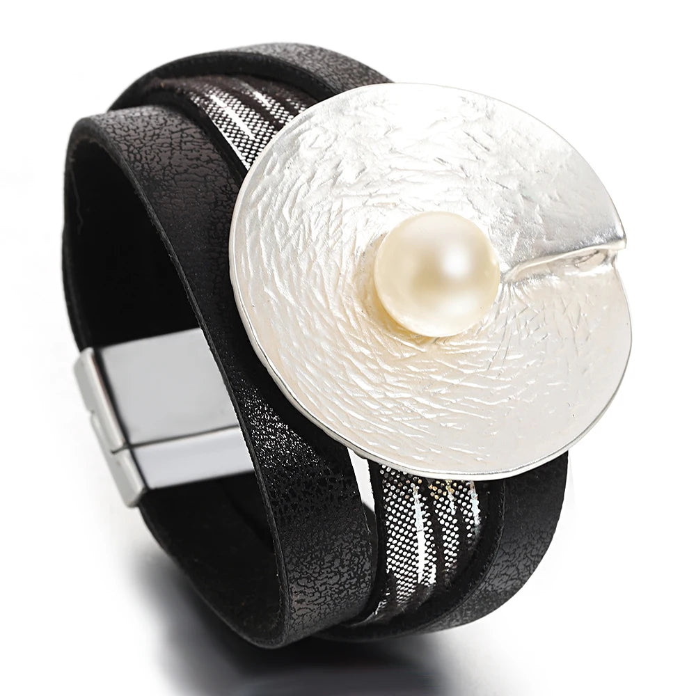 Wrinkled Textured Disc Leather Bohemian Pearl Wrap Chunky Bracelets