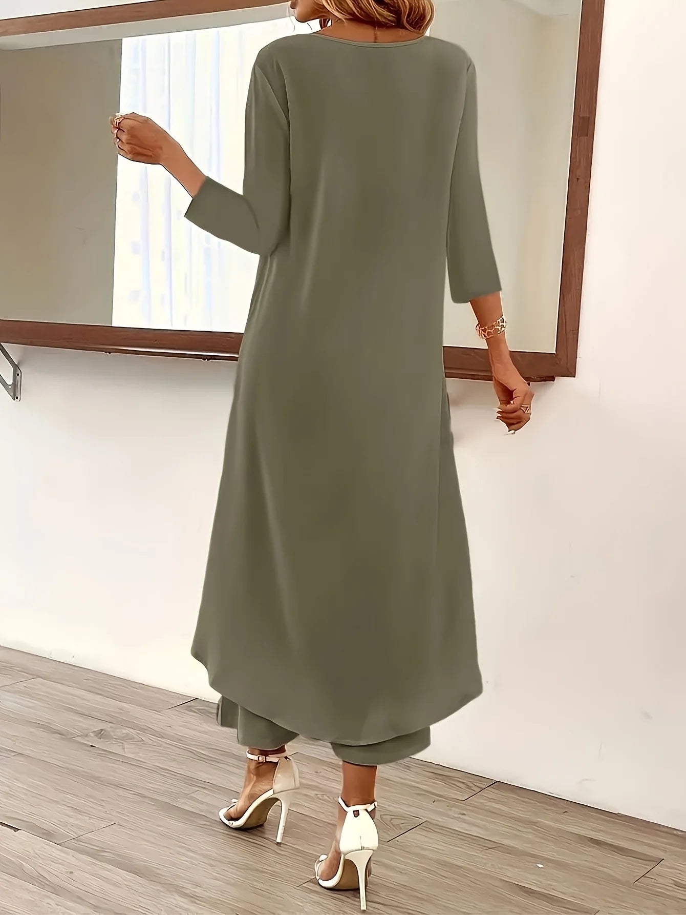 Plus Size Casual Round Neck Long Sleeved Slit Wide Leg Pants Set