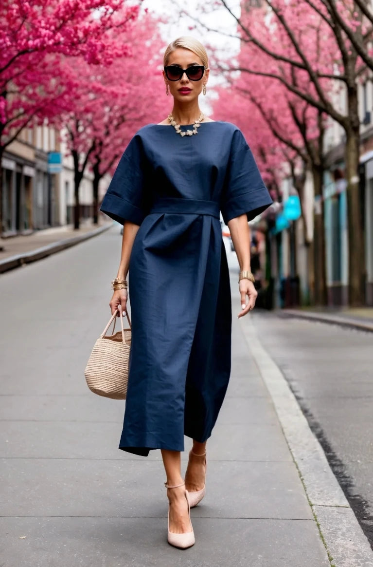 Elegant Boat Neck Half Sleeve Wrap Midi Dress