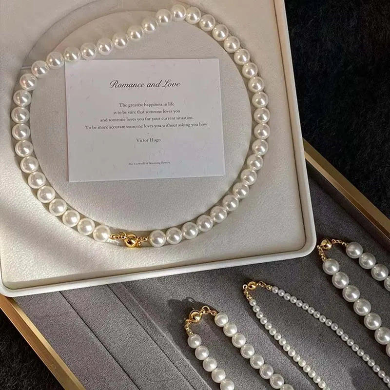 Imitation Pearl Magnet Round Buckle Beadeds Necklace Jewelry