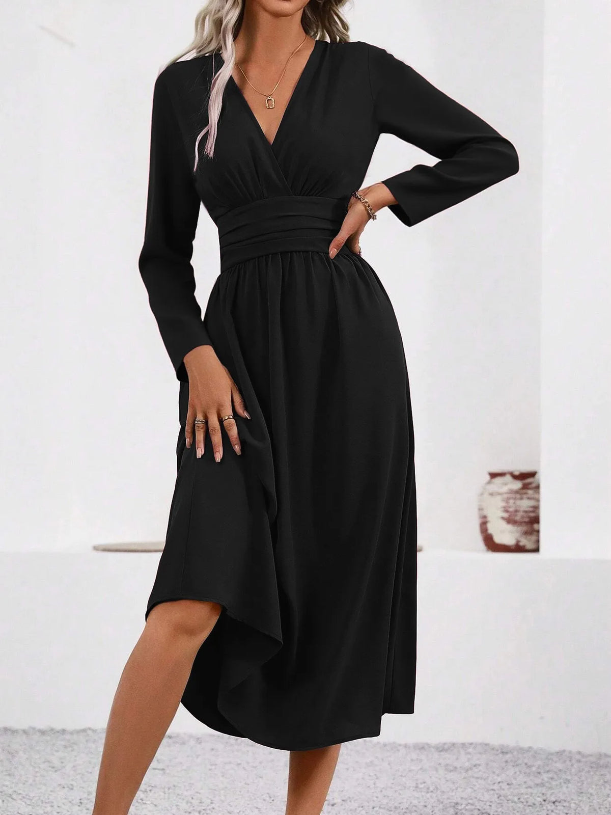 Elegant V-Neck Long Sleeve with Waist Shirring Bodycon Long Maxi Dress