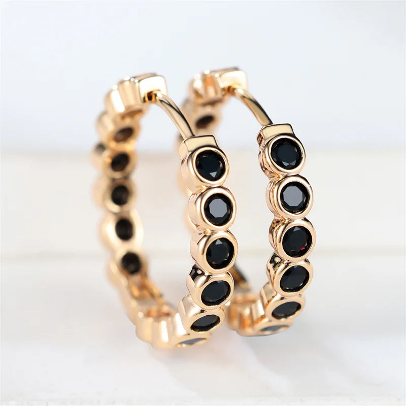Luxury Cute Small Black Round Hoop Zircon Stone Earrings