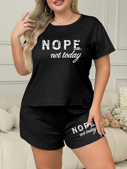 Letters Print Short Sleeve Tee And Elastic Shorts Plus Size Fit Pajama Set