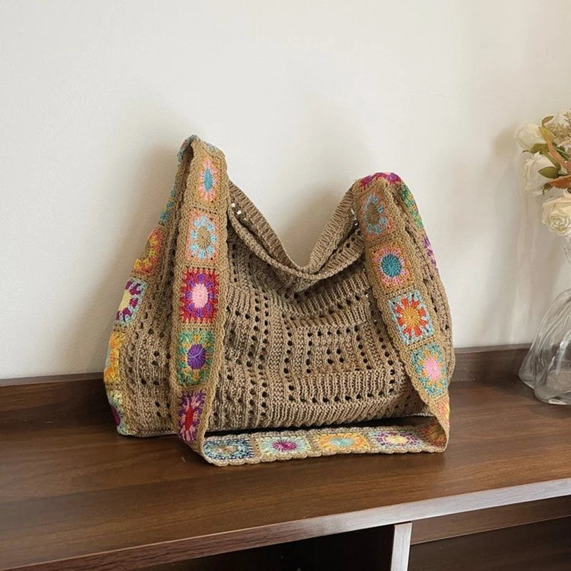 Large Capacity Boho Tote Floral Crochet Handbag