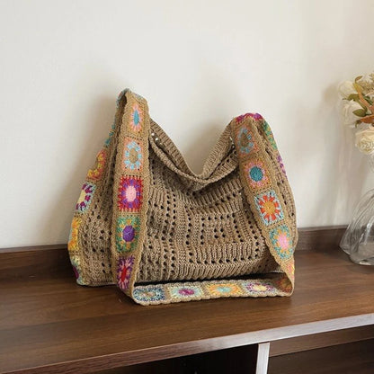Large Capacity Boho Tote Floral Crochet Handbag
