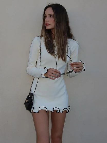 O-Neck Long Sleeves Ruffles Mini Dress