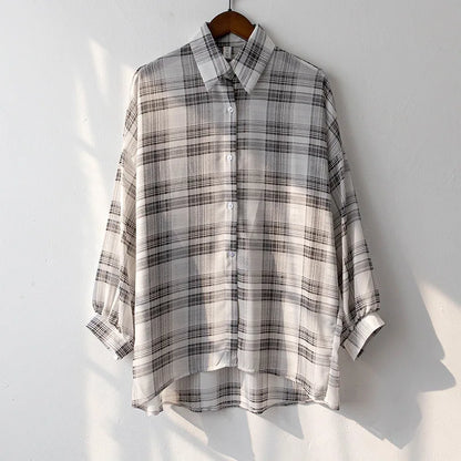 Sheer Chiffon Plaid Oversized Shirt