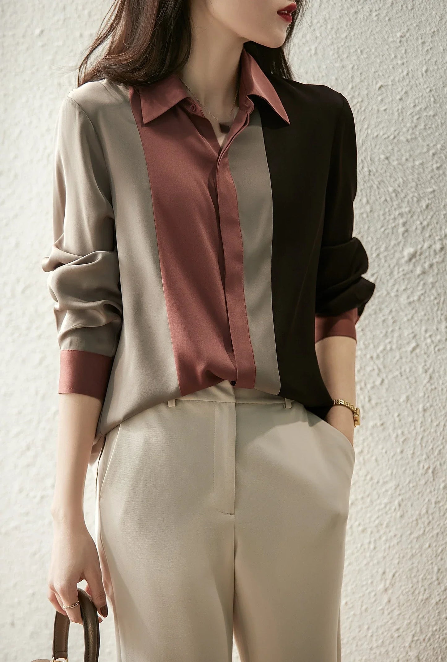Satin Button Blouse Long Sleeve Polo Collar Shirt