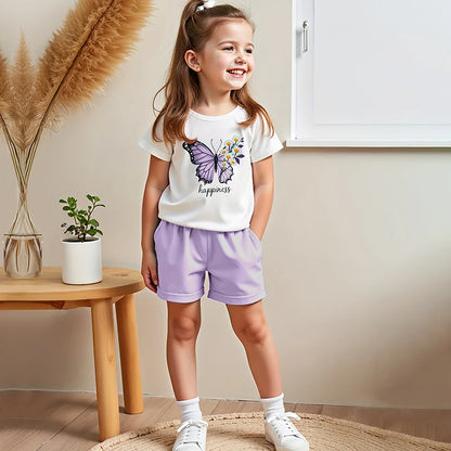Cotton Short Sleeve Butterfly Print 2Pcs Suit