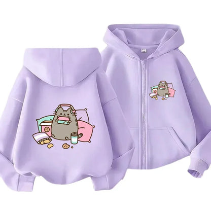 Cozy Pusheen Cat With Headphones Snacks Hoodie Long Sleeve Lovely Cartoon