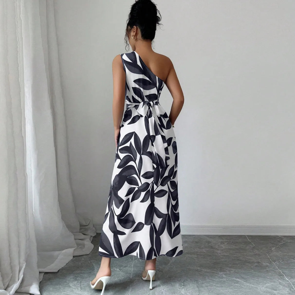 Cross-Border Floral Print Asymmetrical Shoulder Split Long Dress